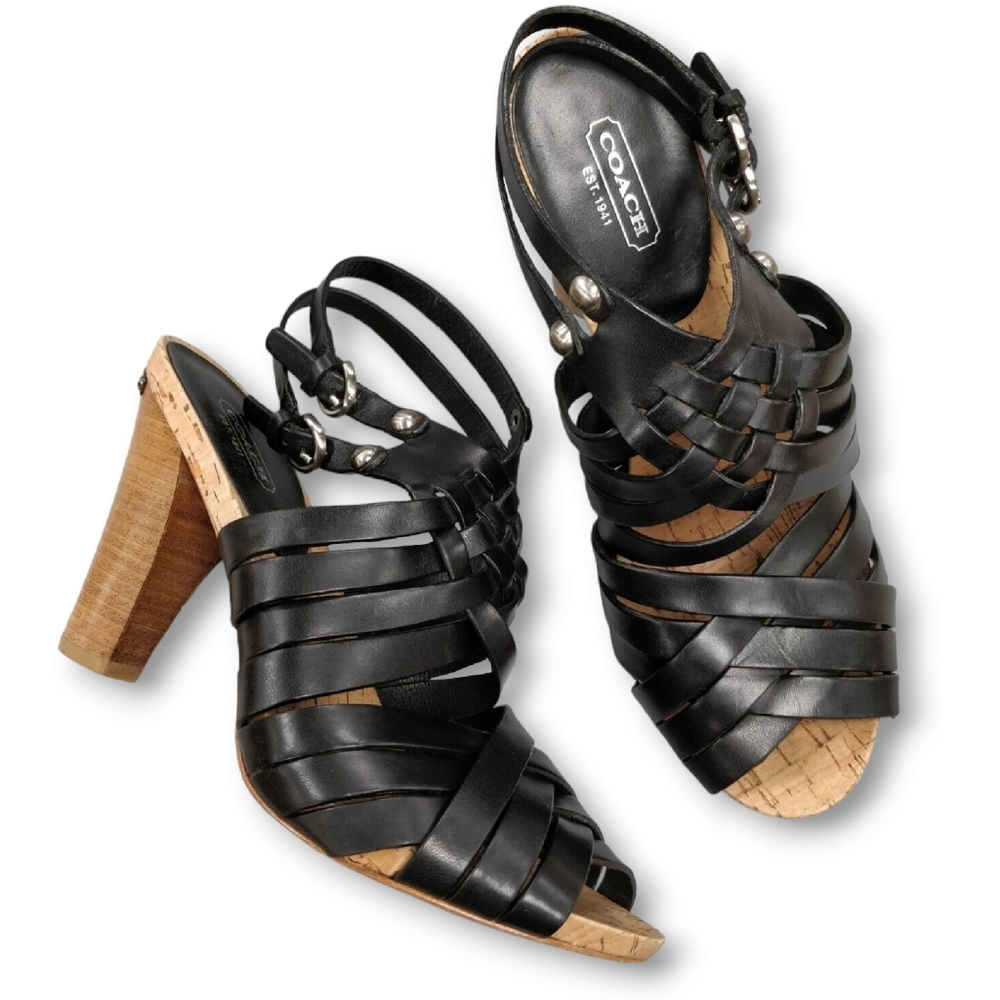 COACH Adrienn Strappy Slingback Block Heel Sandals Woven Black Leather Size 9.5